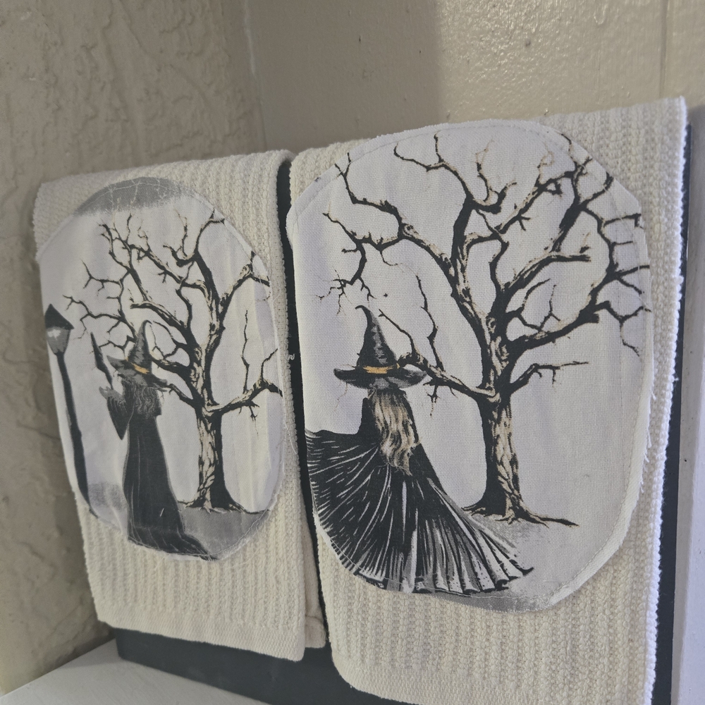 Mystical Witch and Tree Hand Towels - Black and White